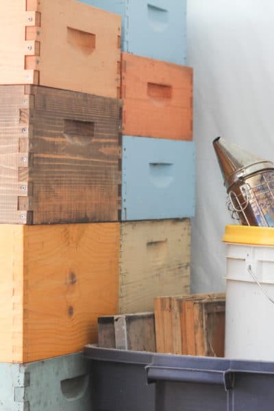 stack of bee hive boxes