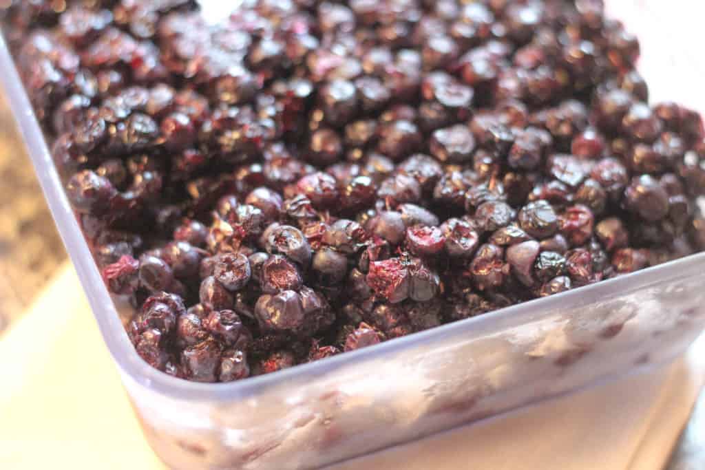 Glass dish full of frozen blueberries