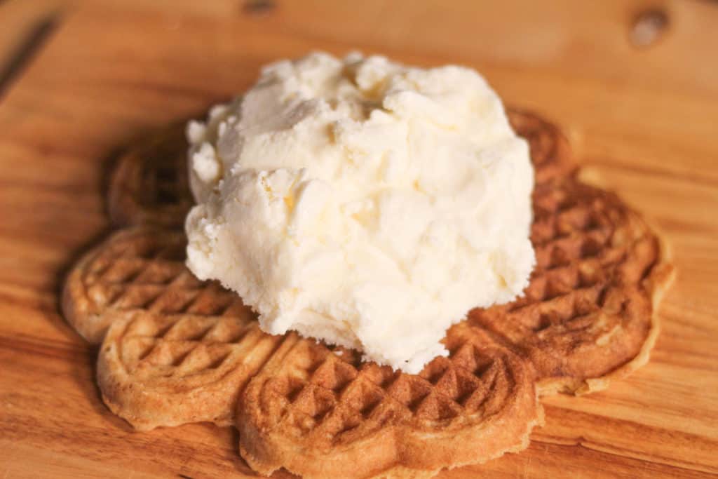 Ice cream in the center of the waffle.
