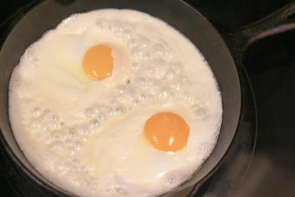 Cooking eggs in cast iron.