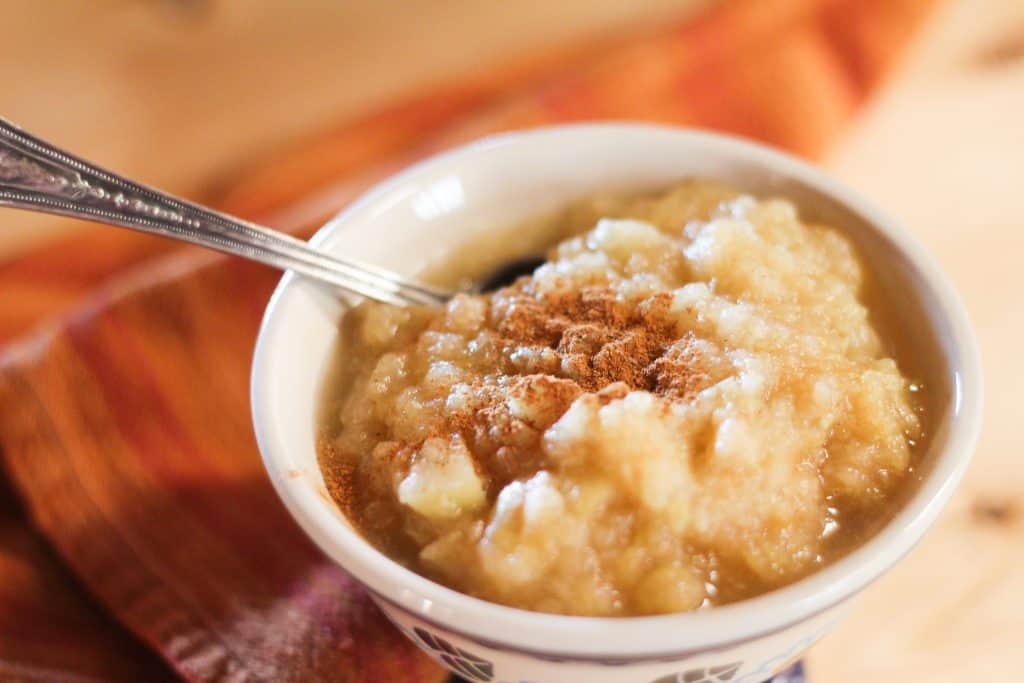 A bowl of homemade applesauce with cinnamon on top.