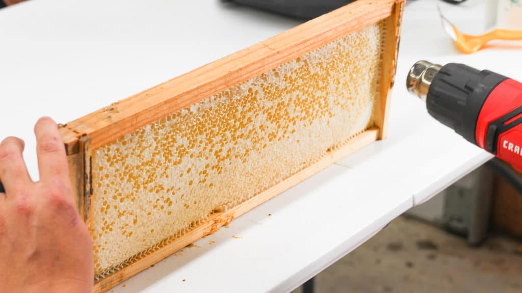 Using a heat gun to melt wax on a beehive frame to extract the honey.