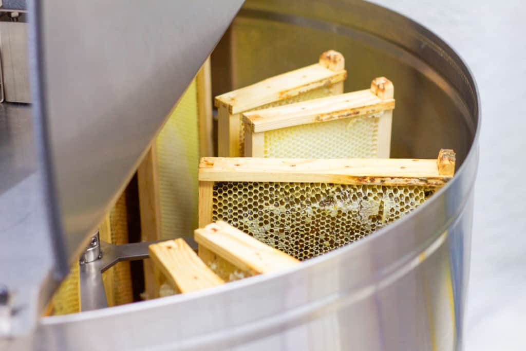 Several beehive frames in an extractor.