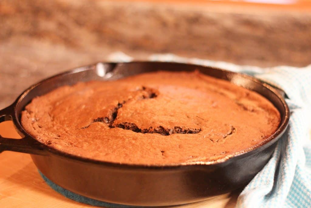 chocolate cake in a cast iron skillet