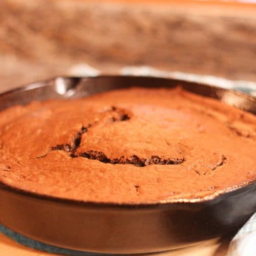 chocolate cake in a cast iron skillet