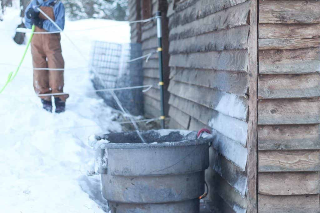 Person spraying water into a livestock water trough in winter