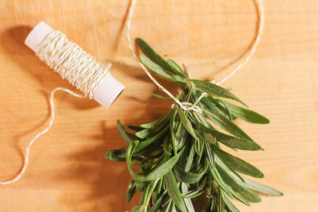 A bundle of Rosemary being tied with twine at the top