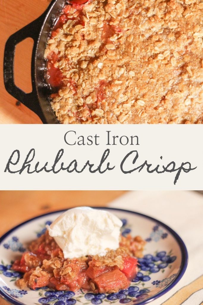 Pinterest image of cast iron rhubarb crisp