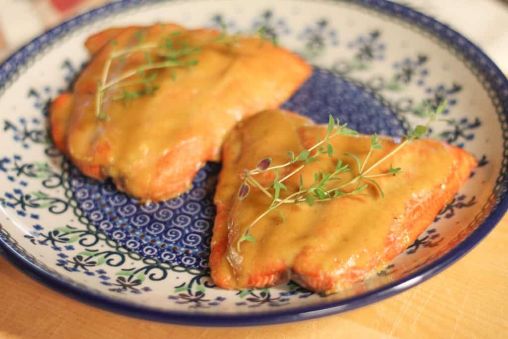 Honey mustard glazed salmon on a plate