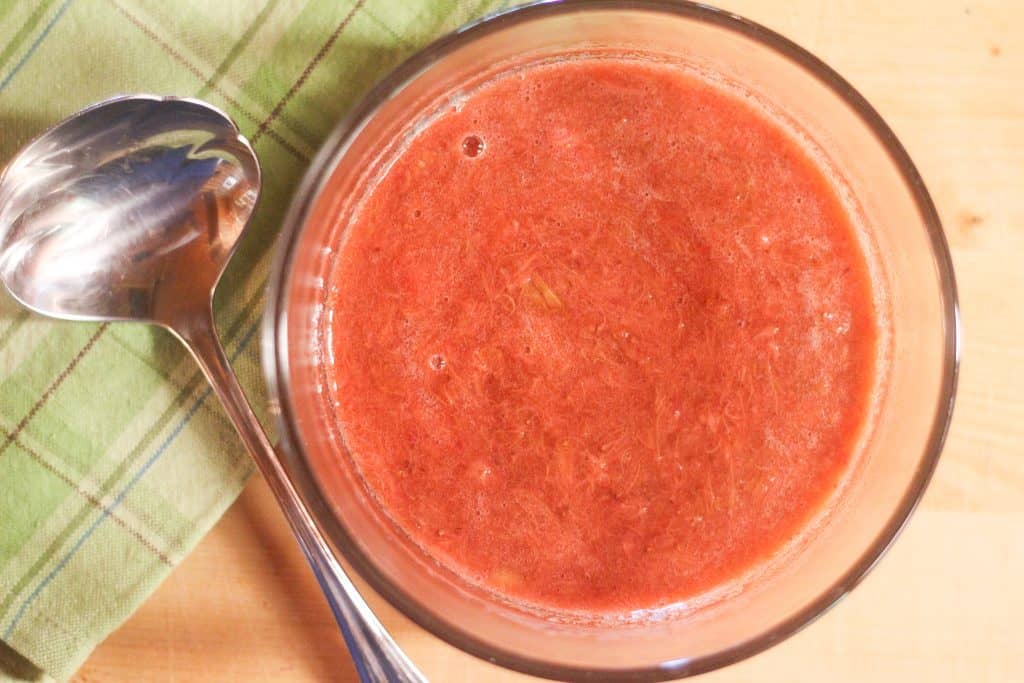 Strawberry and rhubarb sauce in a bowl
