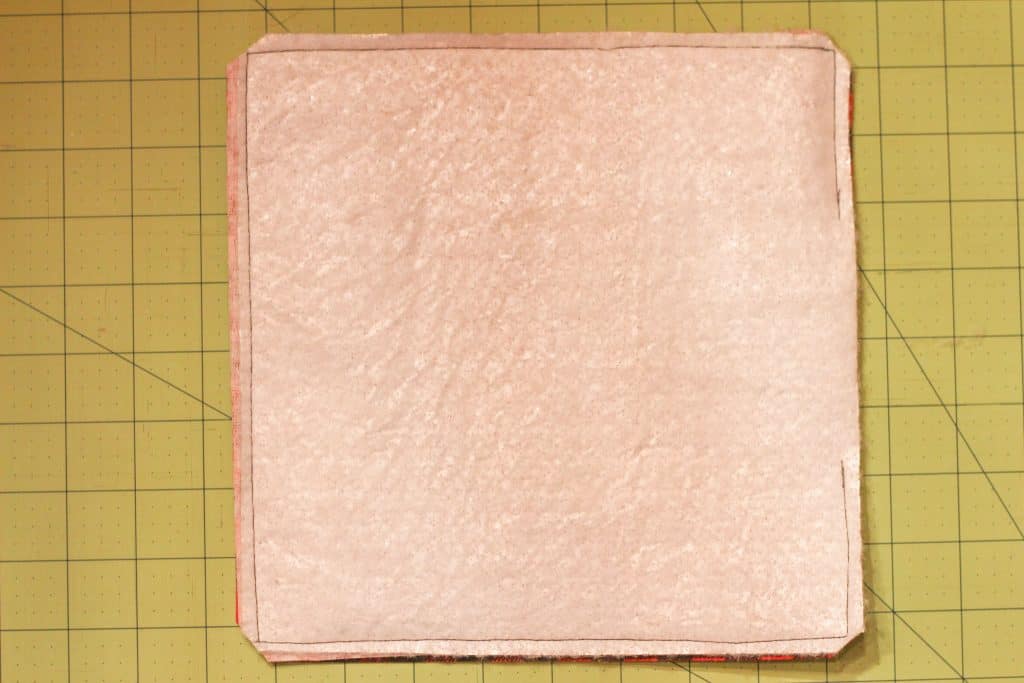 A square of inside-out fabric with the edges sewn