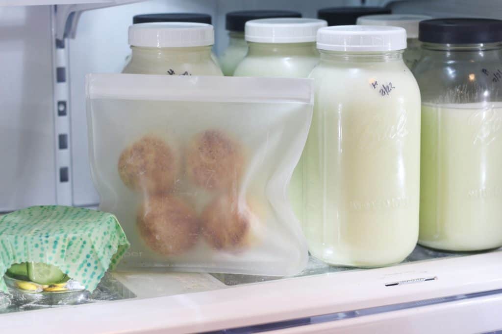 A reusable bag full of biscuits in a fridge