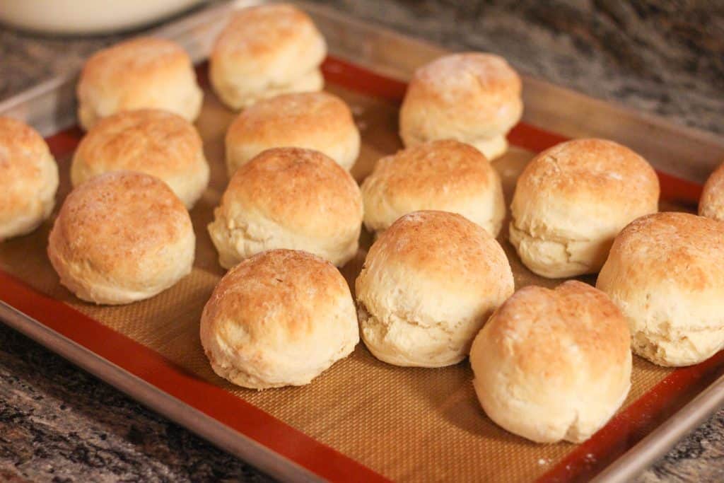 Baked biscuits on a cookie sheet