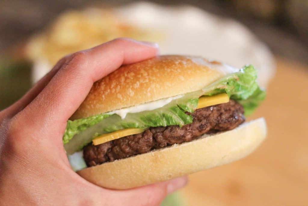 A hand holding a hamburger