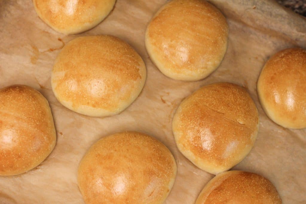 Top view of freshly baked hamburger buns