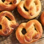 Looking down on freshly baked sourdough pretzels