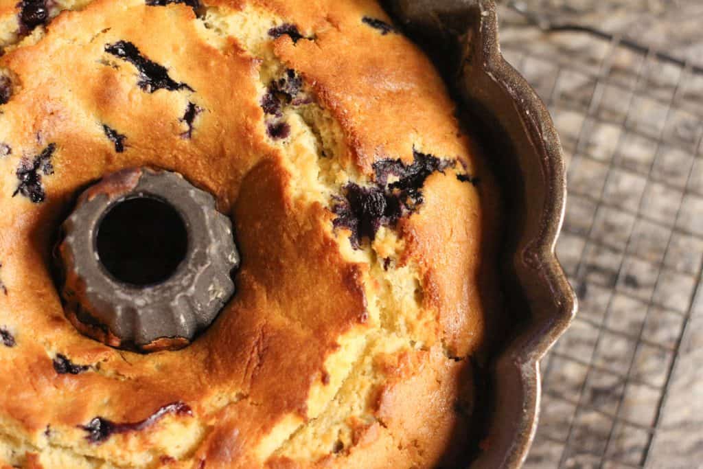 A baked blueberry bundt cake still in the cake pan.