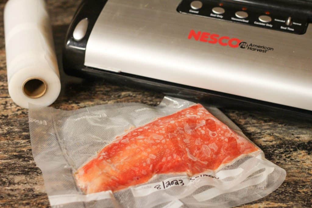 A vacuum sealer with a package of salmon next to it on the counter