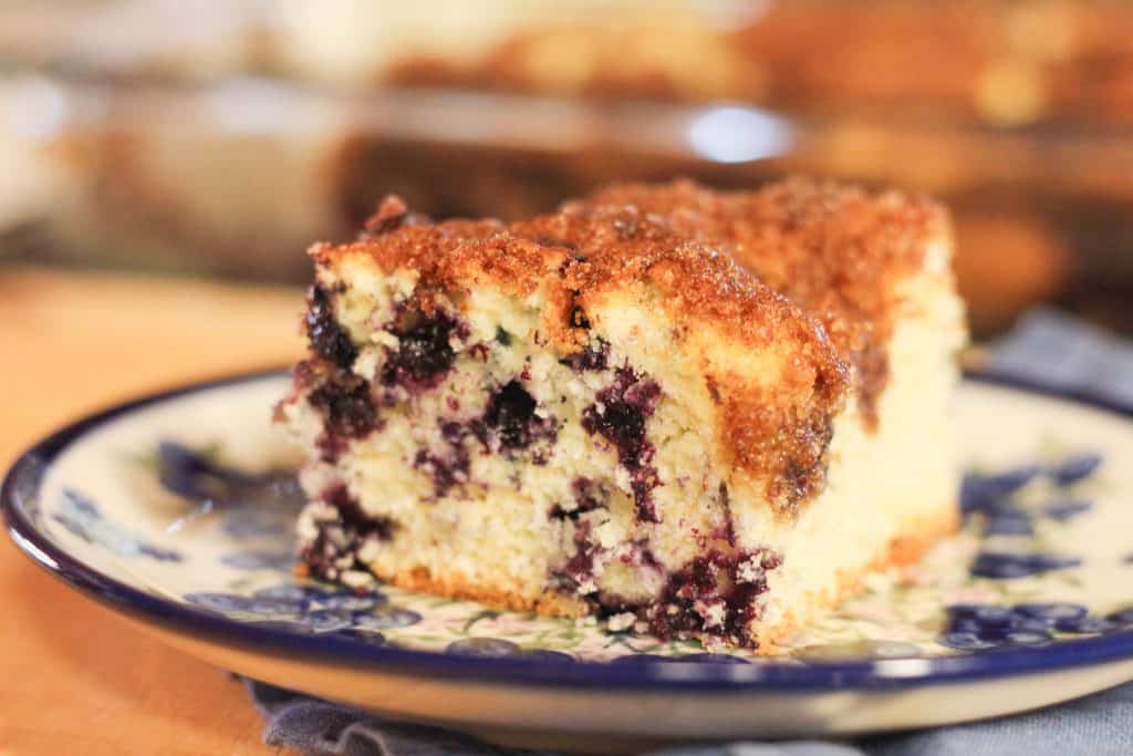 A piece of blueberry coffee cake sitting on a plate